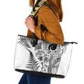 New Zealand Sea Animals Leather Tote Bag with Maori Koru Tribal Tattoo and Silver Ferns White Color