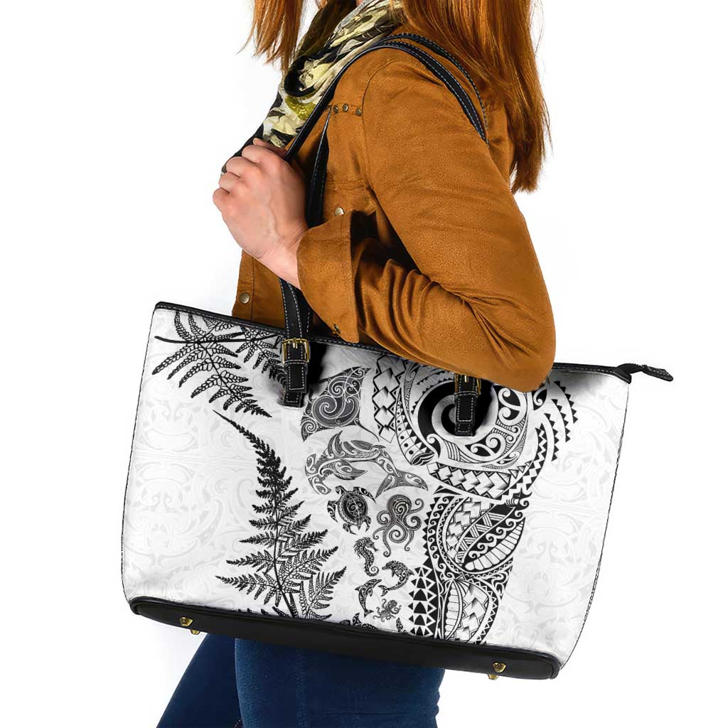 New Zealand Sea Animals Leather Tote Bag with Maori Koru Tribal Tattoo and Silver Ferns White Color