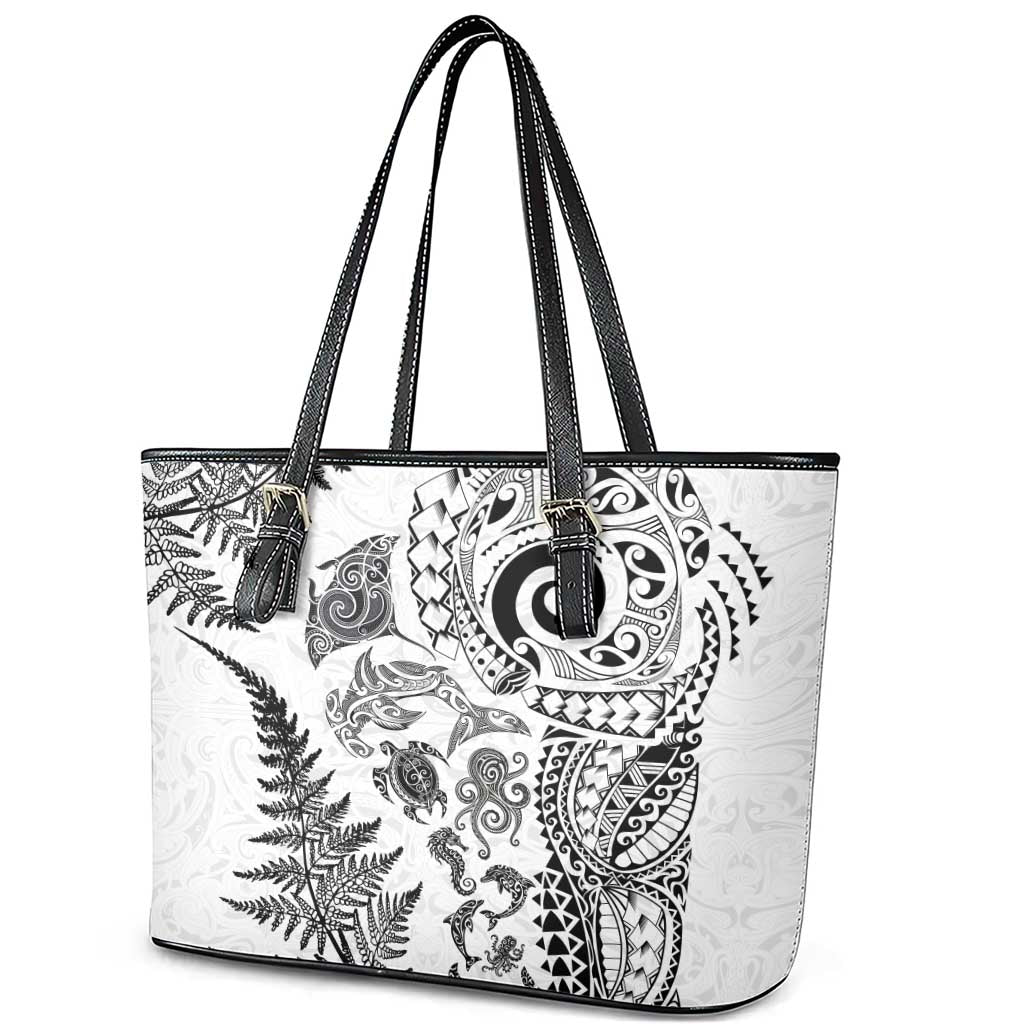 New Zealand Sea Animals Leather Tote Bag with Maori Koru Tribal Tattoo and Silver Ferns White Color