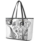 New Zealand Sea Animals Leather Tote Bag with Maori Koru Tribal Tattoo and Silver Ferns White Color