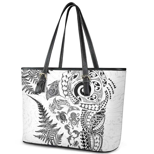 New Zealand Sea Animals Leather Tote Bag with Maori Koru Tribal Tattoo and Silver Ferns White Color