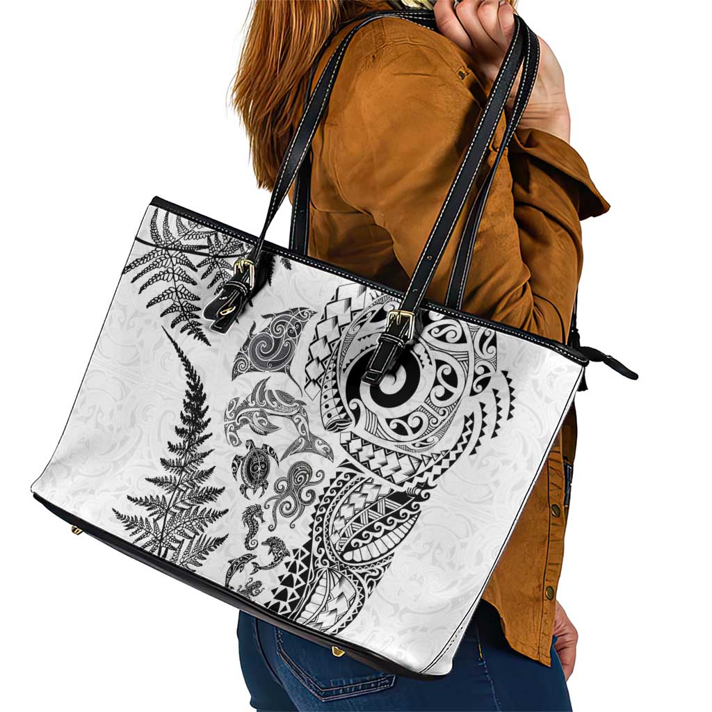 New Zealand Sea Animals Leather Tote Bag with Maori Koru Tribal Tattoo and Silver Ferns White Color
