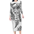 New Zealand Sea Animals Long Sleeve Bodycon Dress with Maori Koru Tribal Tattoo and Silver Ferns White Color