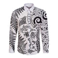 New Zealand Sea Animals Long Sleeve Button Shirt with Maori Koru Tribal Tattoo and Silver Ferns White Color