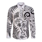 New Zealand Sea Animals Long Sleeve Button Shirt with Maori Koru Tribal Tattoo and Silver Ferns White Color