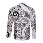 New Zealand Sea Animals Long Sleeve Button Shirt with Maori Koru Tribal Tattoo and Silver Ferns White Color