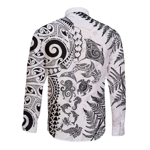 New Zealand Sea Animals Long Sleeve Button Shirt with Maori Koru Tribal Tattoo and Silver Ferns White Color