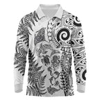 New Zealand Sea Animals Long Sleeve Polo Shirt with Maori Koru Tribal Tattoo and Silver Ferns White Color