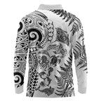 New Zealand Sea Animals Long Sleeve Polo Shirt with Maori Koru Tribal Tattoo and Silver Ferns White Color