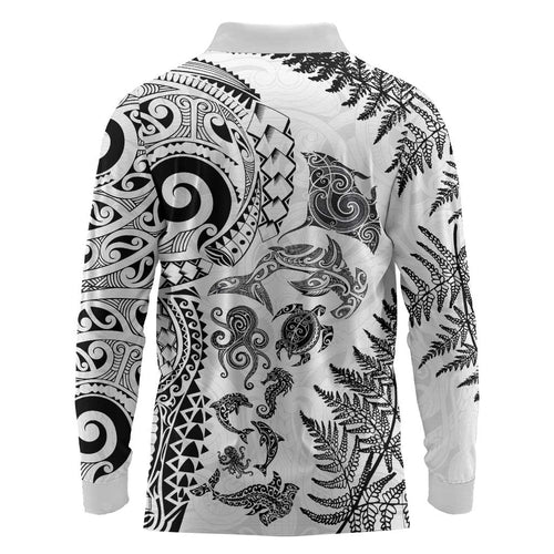 New Zealand Sea Animals Long Sleeve Polo Shirt with Maori Koru Tribal Tattoo and Silver Ferns White Color