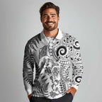 New Zealand Sea Animals Long Sleeve Polo Shirt with Maori Koru Tribal Tattoo and Silver Ferns White Color