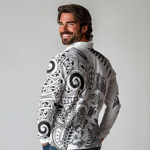 New Zealand Sea Animals Long Sleeve Polo Shirt with Maori Koru Tribal Tattoo and Silver Ferns White Color