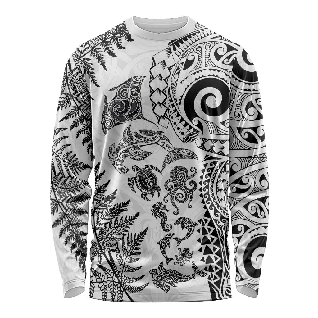 New Zealand Sea Animals Long Sleeve Shirt with Maori Koru Tribal Tattoo and Silver Ferns White Color