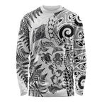 New Zealand Sea Animals Long Sleeve Shirt with Maori Koru Tribal Tattoo and Silver Ferns White Color