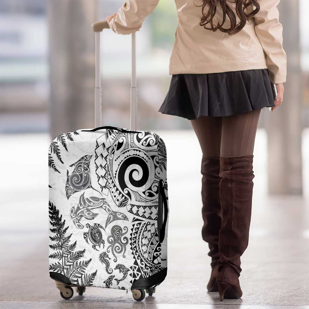 New Zealand Sea Animals Luggage Cover with Maori Koru Tribal Tattoo and Silver Ferns White Color