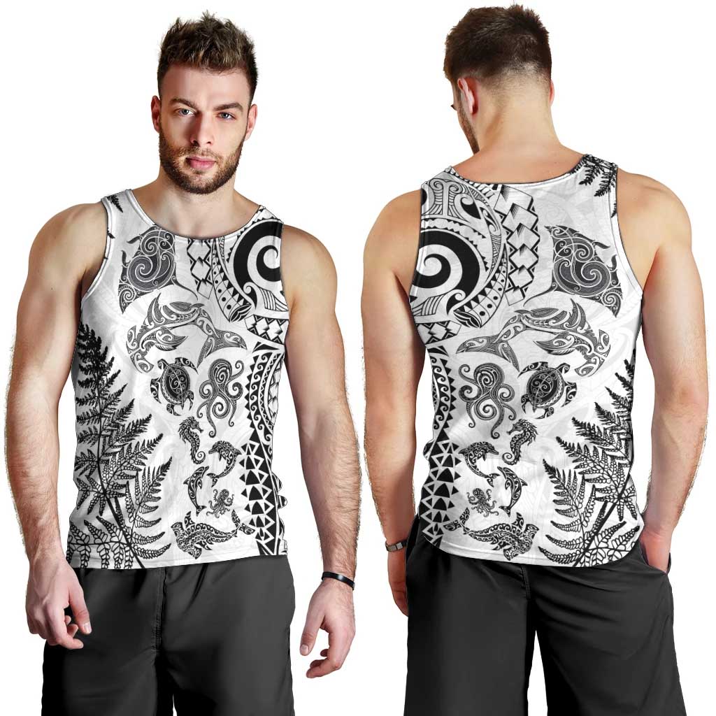 New Zealand Sea Animals Men Tank Top with Maori Koru Tribal Tattoo and Silver Ferns White Color