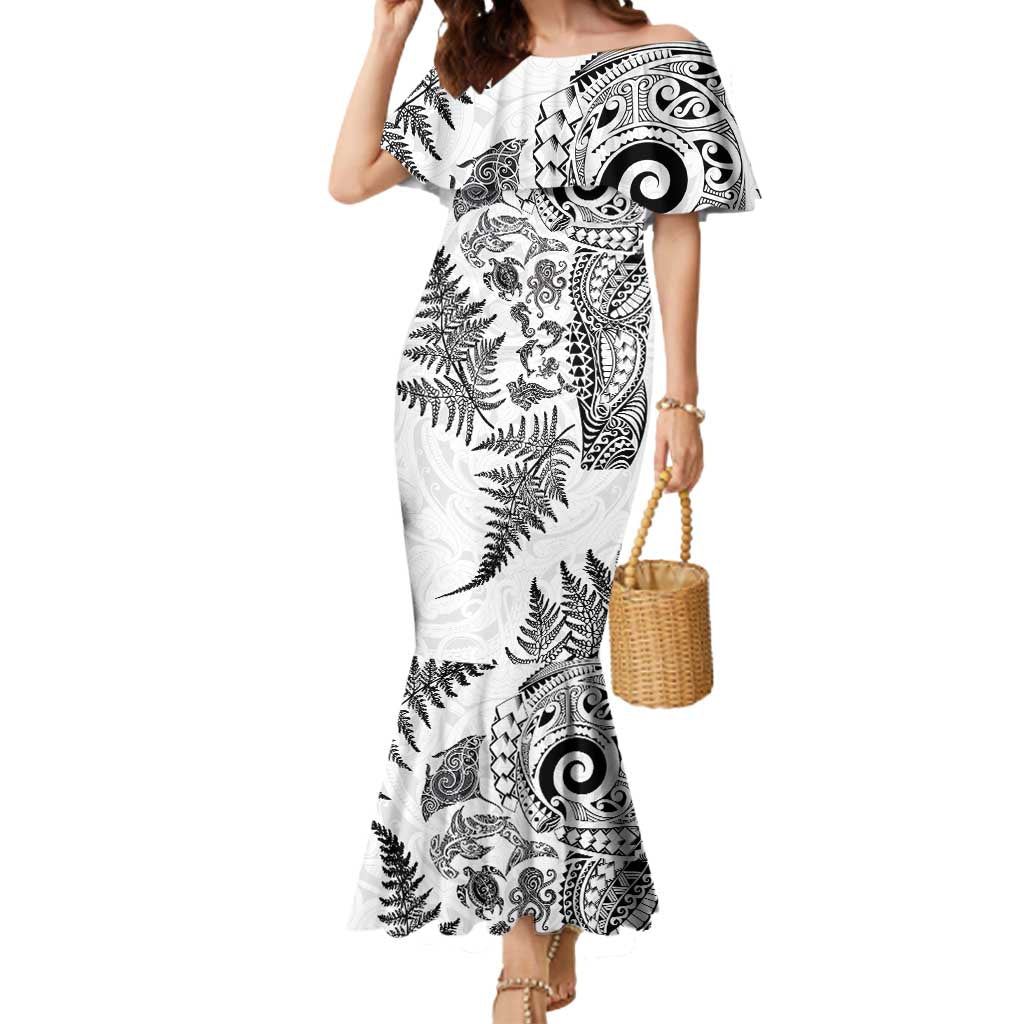 New Zealand Sea Animals Mermaid Dress with Maori Koru Tribal Tattoo and Silver Ferns White Color