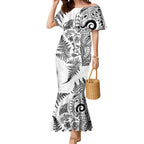 New Zealand Sea Animals Mermaid Dress with Maori Koru Tribal Tattoo and Silver Ferns White Color