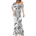 New Zealand Sea Animals Mermaid Dress with Maori Koru Tribal Tattoo and Silver Ferns White Color