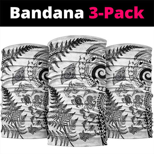New Zealand Sea Animals Neck Gaiter with Maori Koru Tribal Tattoo and Silver Ferns White Color