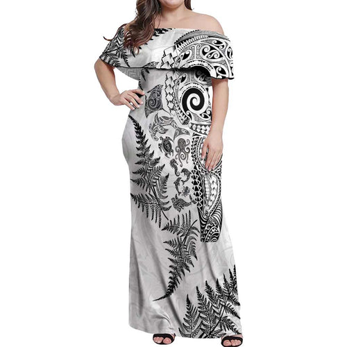 New Zealand Sea Animals Off Shoulder Maxi Dress with Maori Koru Tribal Tattoo and Silver Ferns White Color