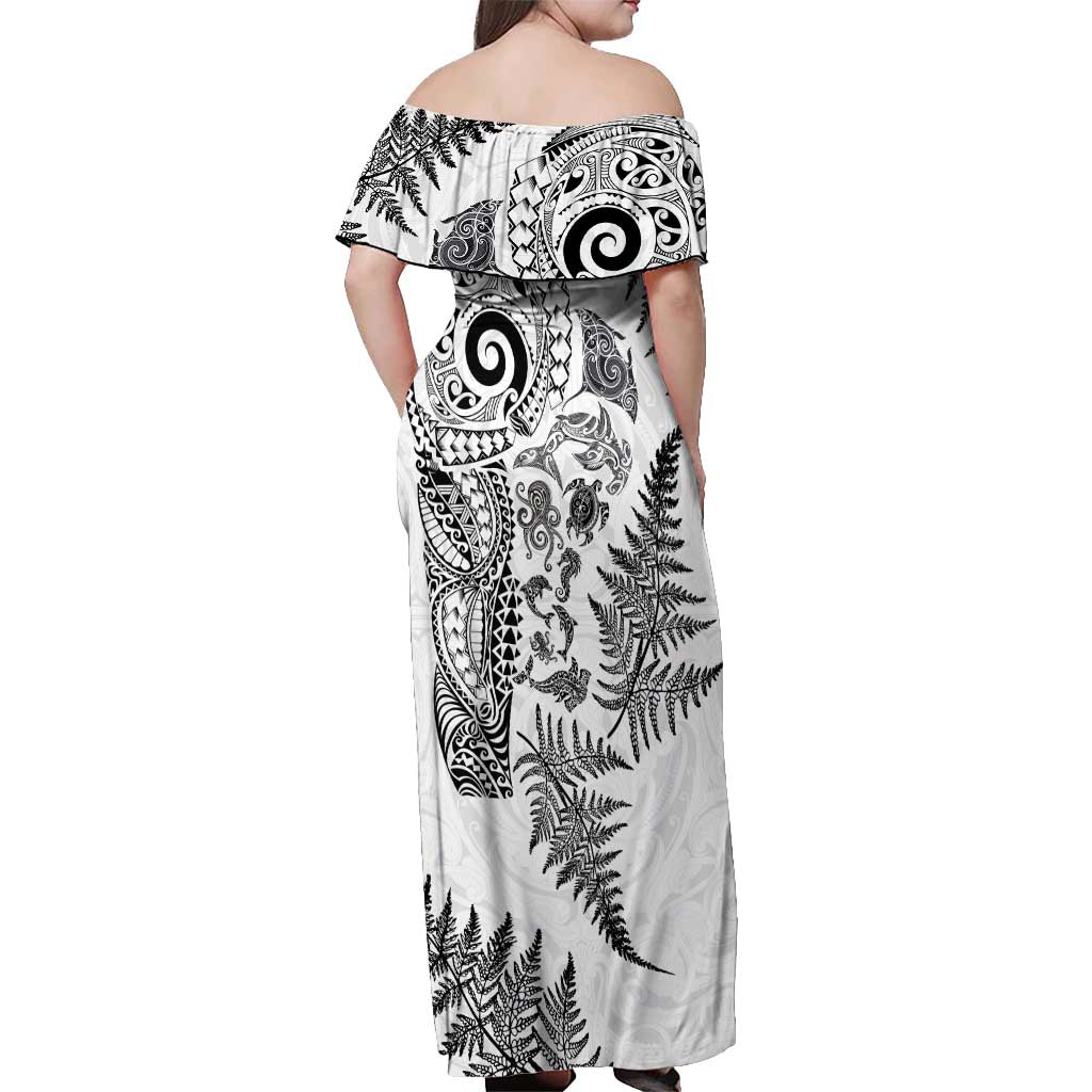 New Zealand Sea Animals Off Shoulder Maxi Dress with Maori Koru Tribal Tattoo and Silver Ferns White Color