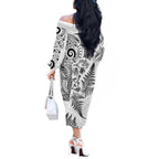New Zealand Sea Animals Off The Shoulder Long Sleeve Dress with Maori Koru Tribal Tattoo and Silver Ferns White Color