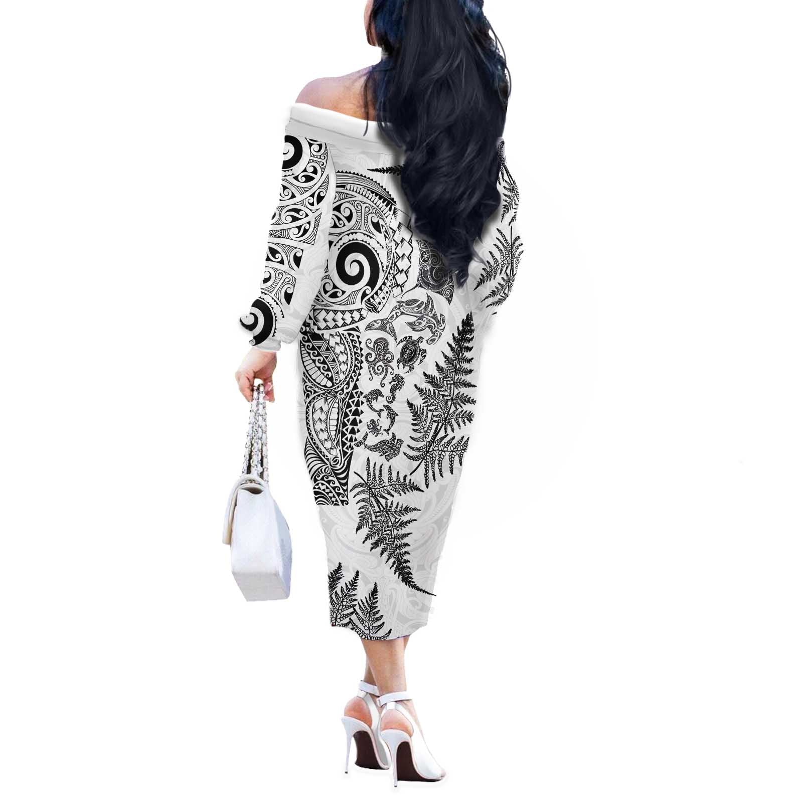 New Zealand Sea Animals Off The Shoulder Long Sleeve Dress with Maori Koru Tribal Tattoo and Silver Ferns White Color
