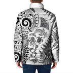 New Zealand Sea Animals Padded Jacket with Maori Koru Tribal Tattoo and Silver Ferns White Color