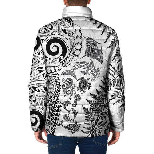 New Zealand Sea Animals Padded Jacket with Maori Koru Tribal Tattoo and Silver Ferns White Color
