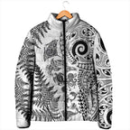 New Zealand Sea Animals Padded Jacket with Maori Koru Tribal Tattoo and Silver Ferns White Color
