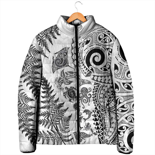 New Zealand Sea Animals Padded Jacket with Maori Koru Tribal Tattoo and Silver Ferns White Color