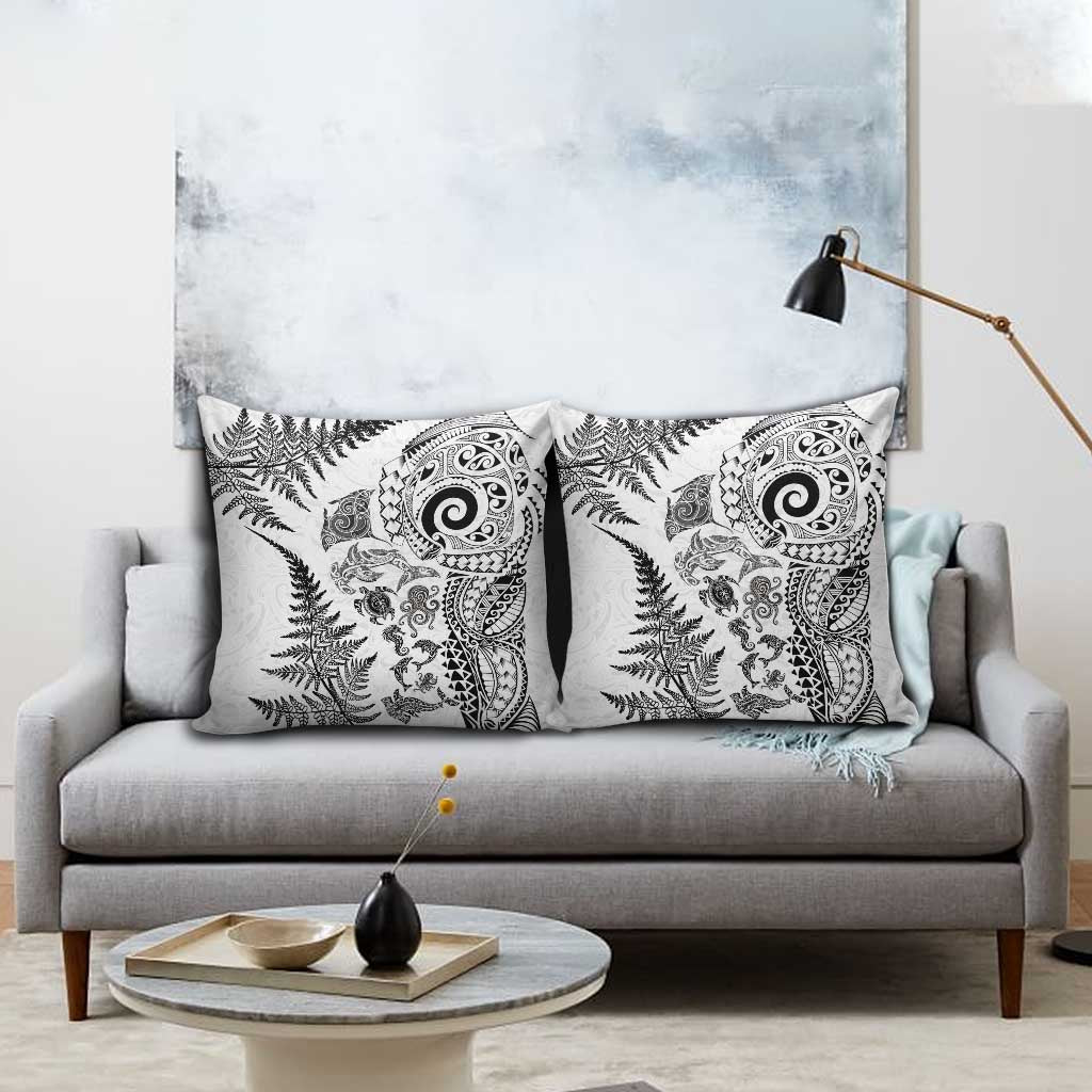 New Zealand Sea Animals Pillow Cover with Maori Koru Tribal Tattoo and Silver Ferns White Color