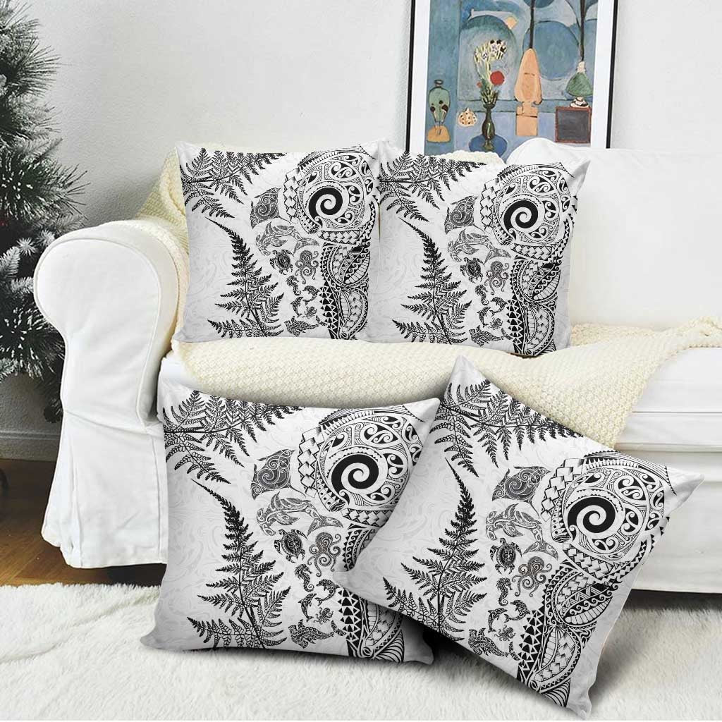 New Zealand Sea Animals Pillow Cover with Maori Koru Tribal Tattoo and Silver Ferns White Color