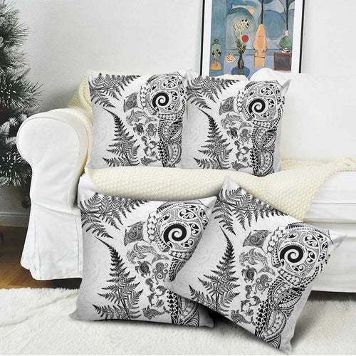 New Zealand Sea Animals Pillow Cover with Maori Koru Tribal Tattoo and Silver Ferns White Color