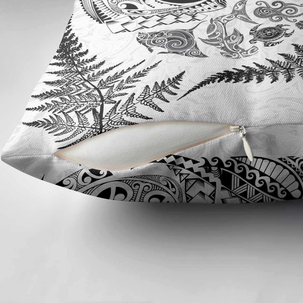 New Zealand Sea Animals Pillow Cover with Maori Koru Tribal Tattoo and Silver Ferns White Color