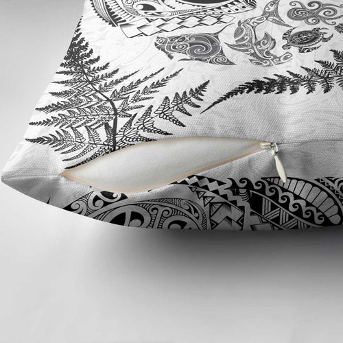 New Zealand Sea Animals Pillow Cover with Maori Koru Tribal Tattoo and Silver Ferns White Color
