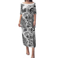 New Zealand Sea Animals Puletasi with Maori Koru Tribal Tattoo and Silver Ferns White Color
