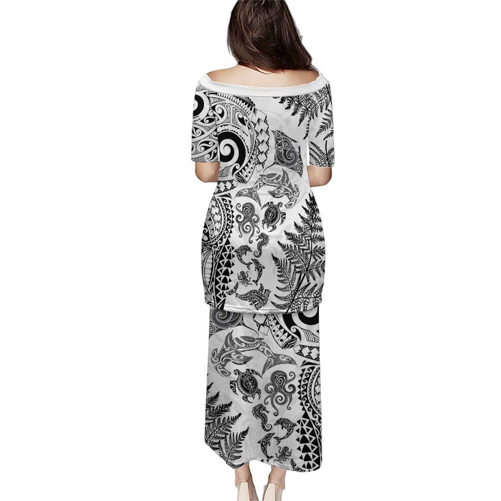 New Zealand Sea Animals Puletasi with Maori Koru Tribal Tattoo and Silver Ferns White Color