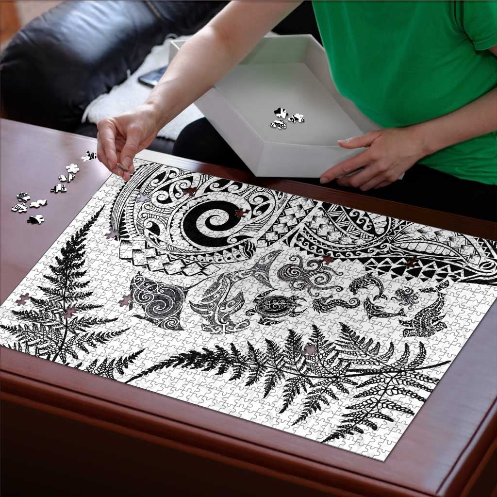 New Zealand Sea Animals Puzzle with Maori Koru Tribal Tattoo and Silver Ferns White Color