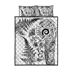 New Zealand Sea Animals Quilt Bed Set with Maori Koru Tribal Tattoo and Silver Ferns White Color