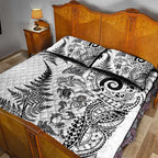 New Zealand Sea Animals Quilt Bed Set with Maori Koru Tribal Tattoo and Silver Ferns White Color