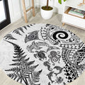 New Zealand Sea Animals Round Carpet with Maori Koru Tribal Tattoo and Silver Ferns White Color