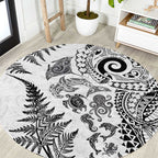 New Zealand Sea Animals Round Carpet with Maori Koru Tribal Tattoo and Silver Ferns White Color