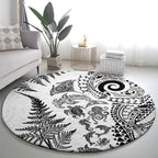 New Zealand Sea Animals Round Carpet with Maori Koru Tribal Tattoo and Silver Ferns White Color