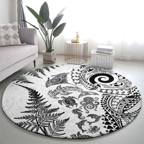 New Zealand Sea Animals Round Carpet with Maori Koru Tribal Tattoo and Silver Ferns White Color