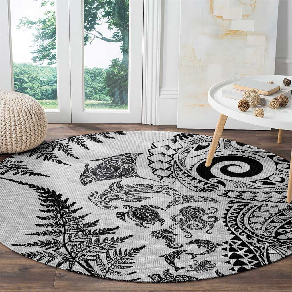 New Zealand Sea Animals Round Carpet with Maori Koru Tribal Tattoo and Silver Ferns White Color