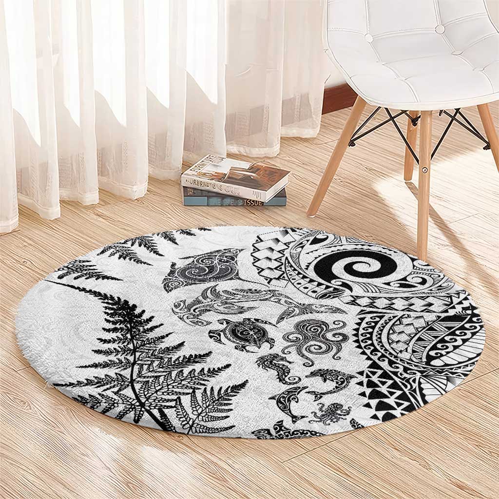 New Zealand Sea Animals Round Carpet with Maori Koru Tribal Tattoo and Silver Ferns White Color