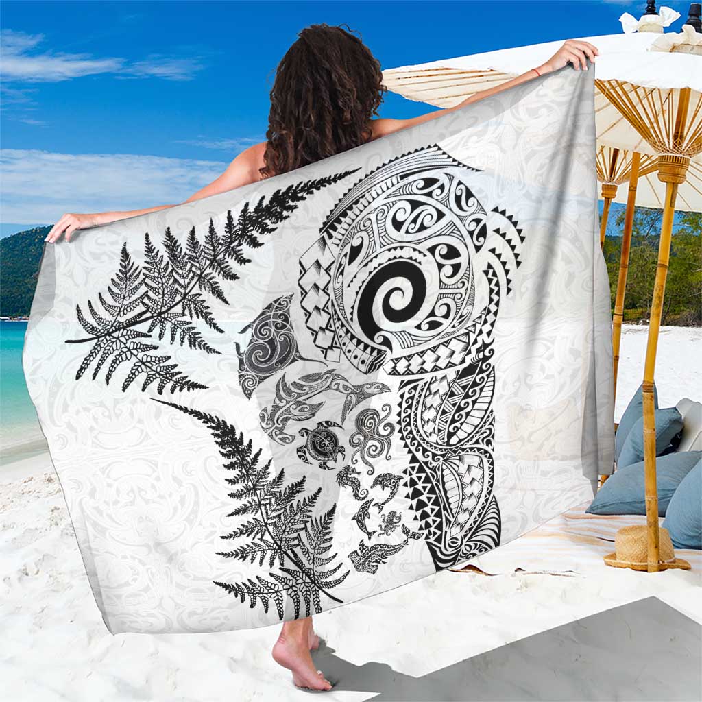 New Zealand Sea Animals Sarong with Maori Koru Tribal Tattoo and Silver Ferns White Color