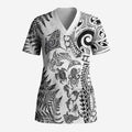 New Zealand Sea Animals Scrub Top with Maori Koru Tribal Tattoo and Silver Ferns White Color